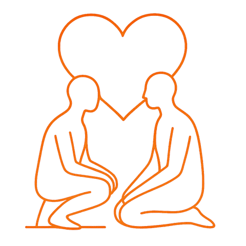 Dos siluetas anaranjadas de personas arrodilladas, enfrentadas, formando un corazón entre ellas.